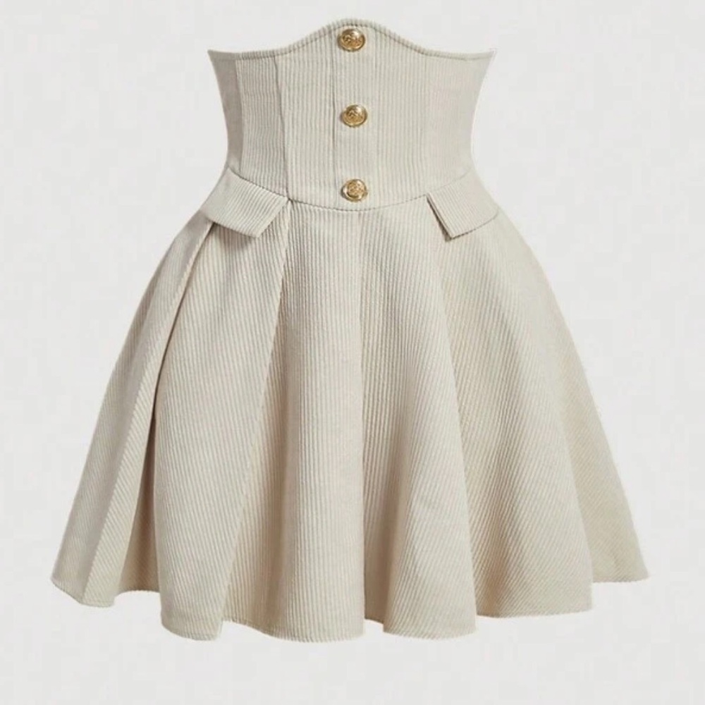 SHEIN Cream Corduroy Mini Skirt with Gold Buttons